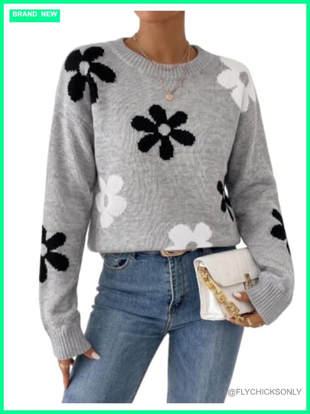 Womens Flower Sweater Chunky Knit Pullover Crewneck Long Sleeve